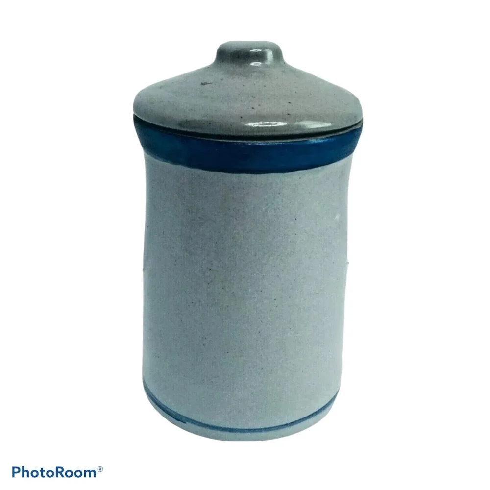 BBP 1994 Vintage Salt Glaze Stoneware Canister Blue Heart Hand Painted Crock Lid